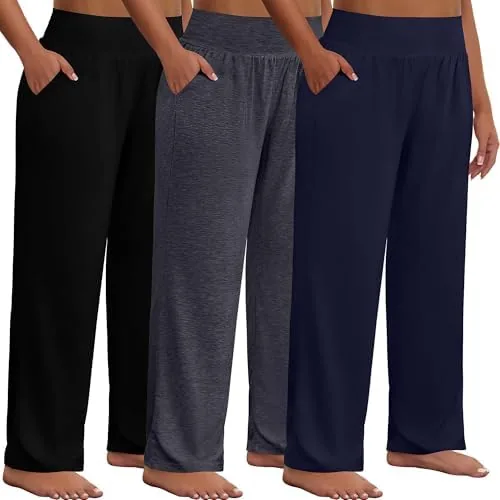 neer 3 pack women plus size wide leg yoga pants high waist sweatpants plus size palazzo pants lounge with pocketsblack dark grey navy blue3x large